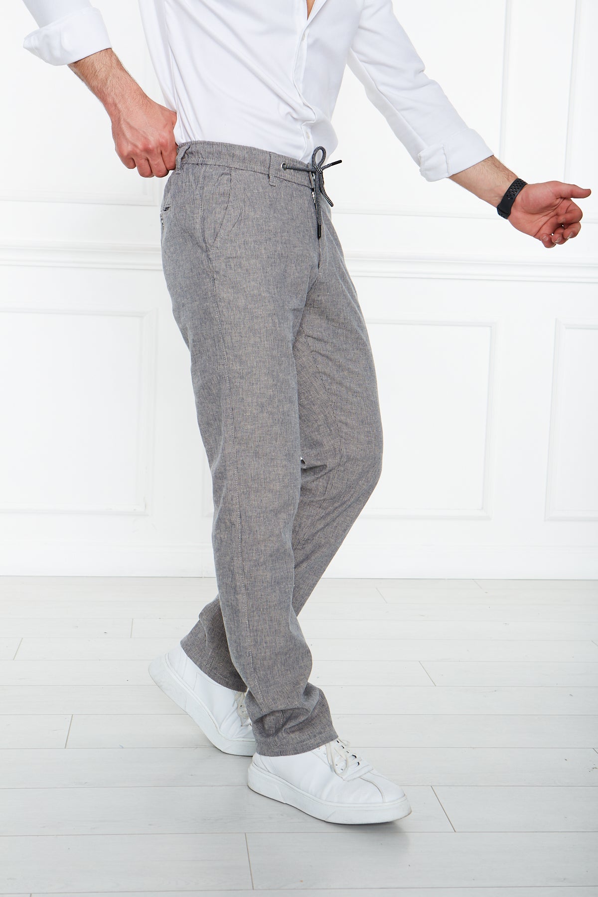 Striped Grey Regular Fit 100% Linen Trousers 