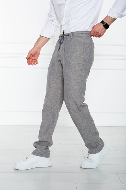 Striped Grey Regular Fit 100% Linen Trousers 