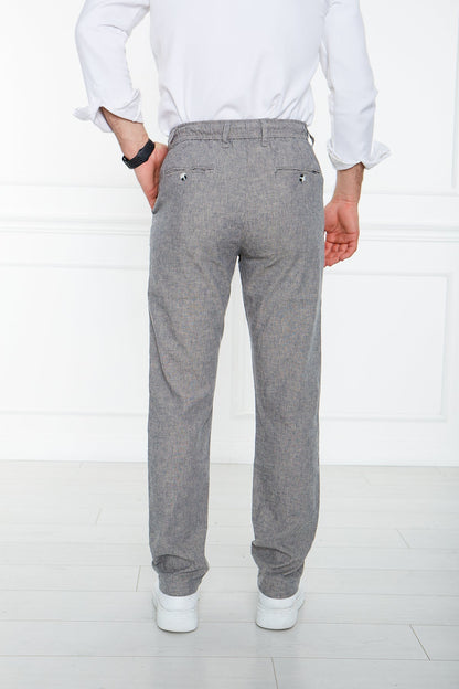 Striped Grey Regular Fit 100% Linen Trousers 