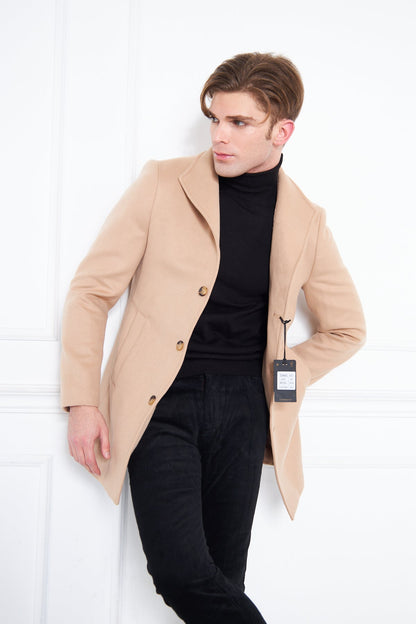 Men's Brown Slim Fit Judge Collar Buttoned Coat