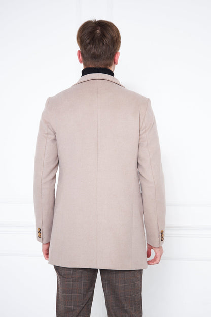 Men's Beige Slim Fit Judge Collar Buttoned Coat