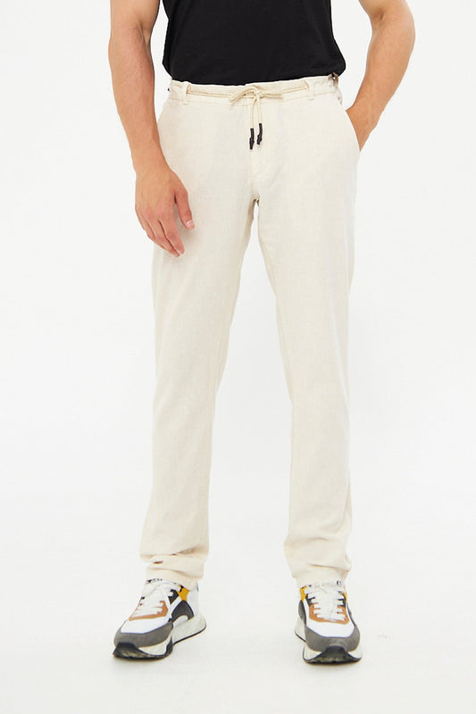 100% Linen Elastic Waist Beige Trousers