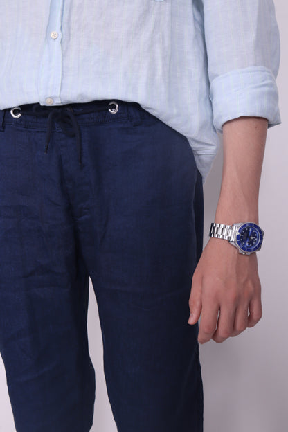%100 Keten Erkek Pantolon – Beli Lastikli ve Bağcıklı Yazlık Kesim | Lacivert
