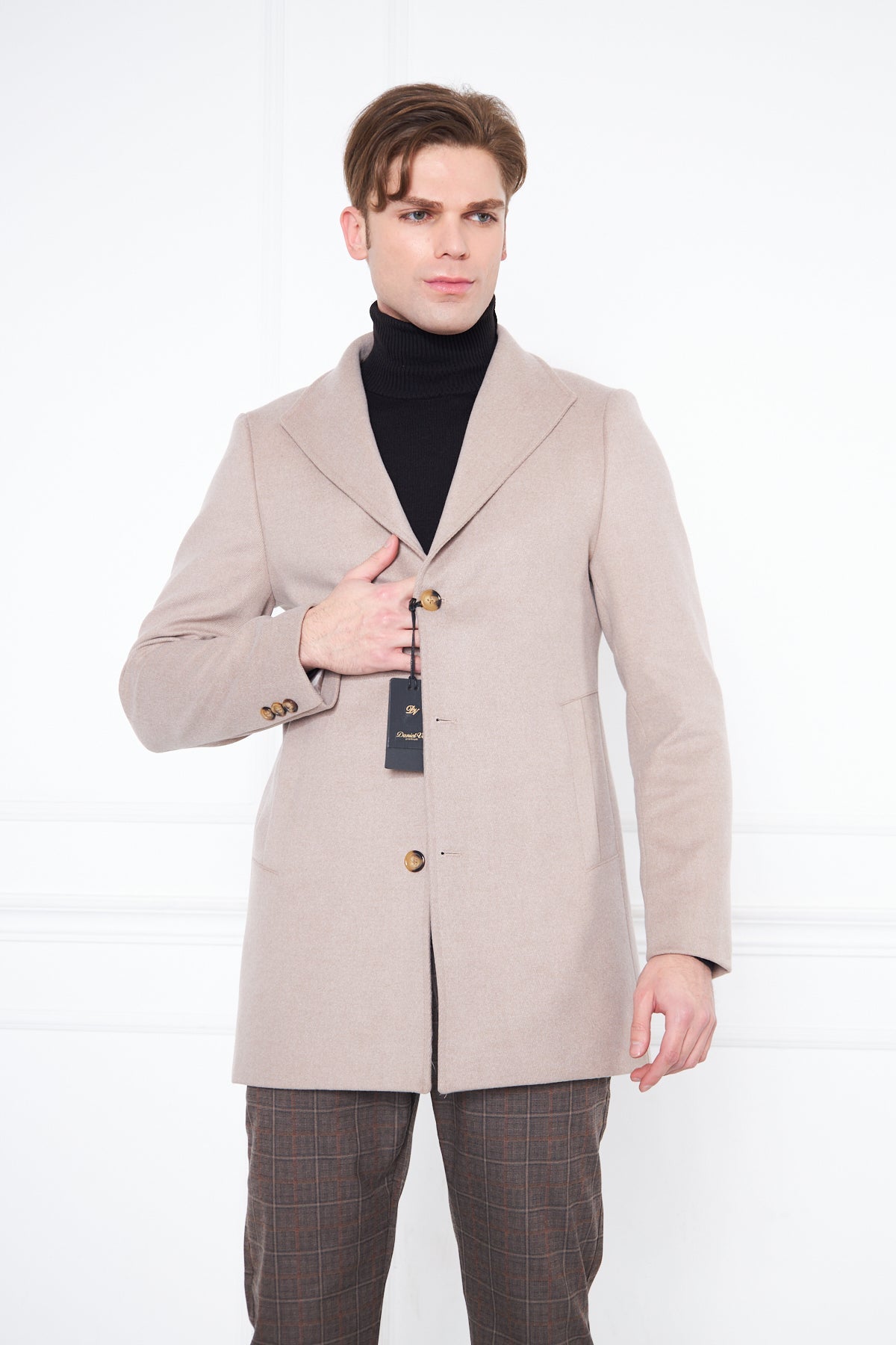 Men's Beige Slim Fit Judge Collar Buttoned Coat