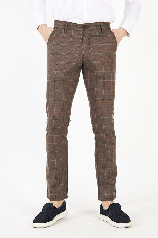 Men's Plaid Dark Beige Slim Fit Trousers 