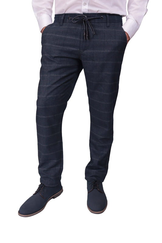 Men's Checkered Navy Blue Elastic Soft Fabric Trousers