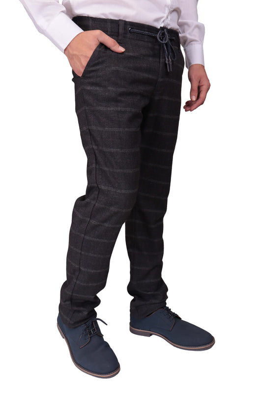 Men's Checkered Black Elastic Soft Fabric Trousers