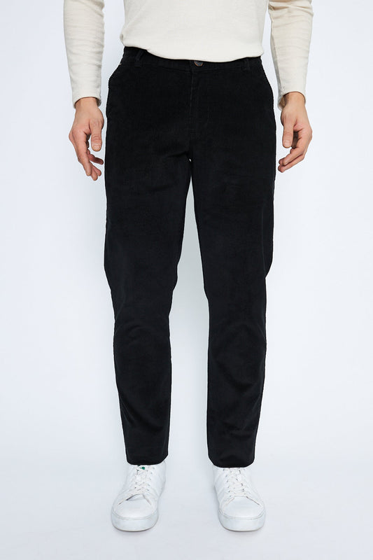 Black Regular Fit Men's Cotton Trousers with Velvet Side Pockets