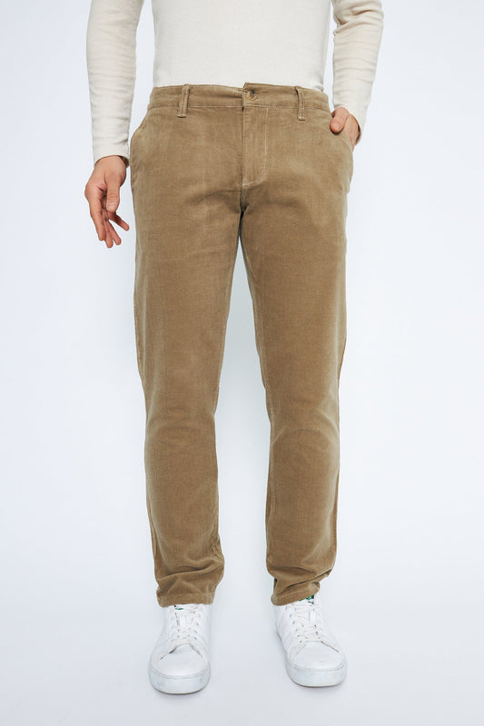 Beige Regular Fit Men's Cotton Trousers with Velvet Side Pockets