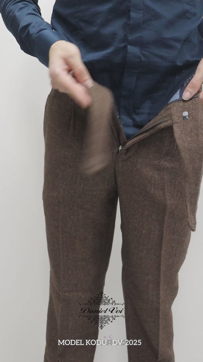 Daniel Voi Koyu Kahverengi İtalyan Kesim Yan Düğmeli Pileli Şık Kumaş Pantolon