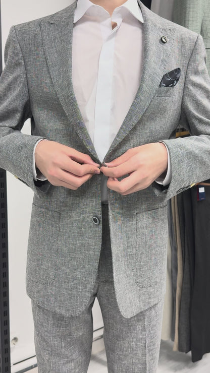Açık Gri %100 Keten Sivri Yaka Slim Fit 2'li Takım Elbise (Ceket + Pantolon)