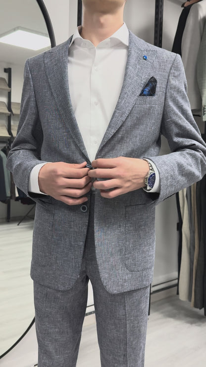 Gri %100 Keten Sivri Yaka Slim Fit 2'li Takım Elbise (Ceket + Pantolon)