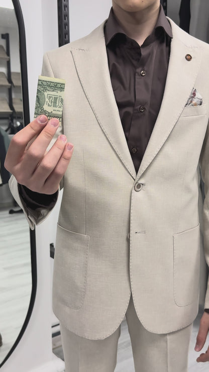 Bej %100 Keten Sivri Yaka Slim Fit 2'li Takım Elbise (Ceket + Pantolon)