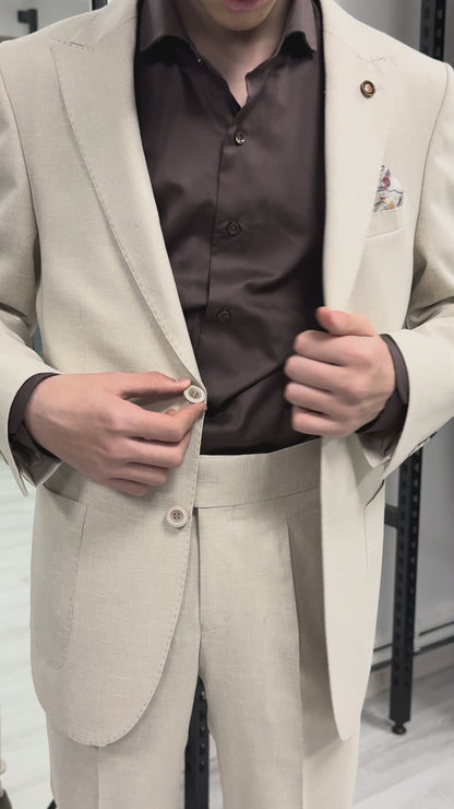 Bej %100 Keten Sivri Yaka Slim Fit 2'li Takım Elbise (Ceket + Pantolon)